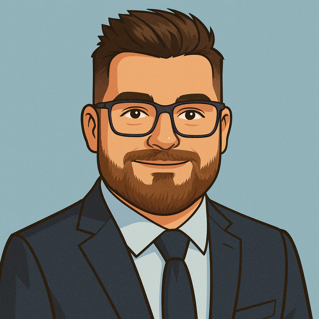 Illustration eines freundlich lächelnden Mannes im Anzug – stilisiertes Team-Porträt.