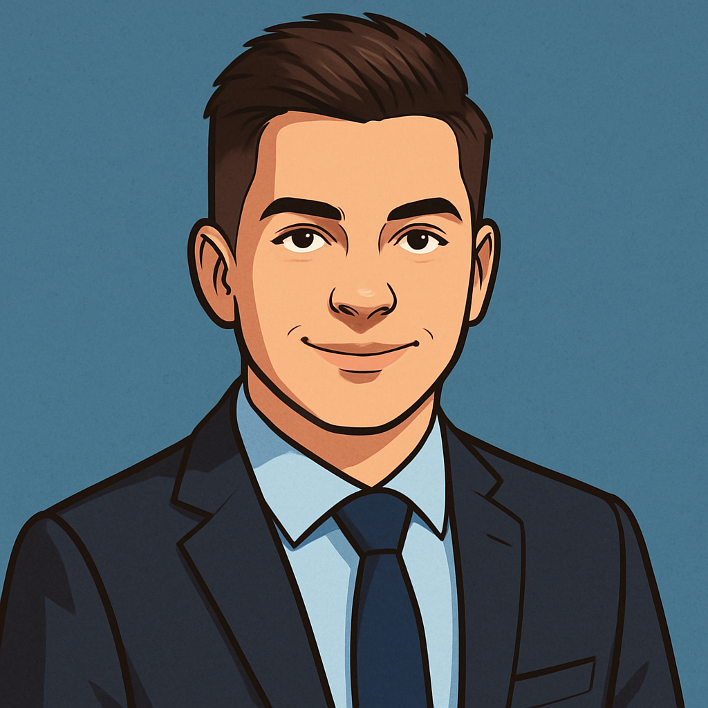 Illustration eines freundlich lächelnden Mannes im Anzug – stilisiertes Team-Porträt.